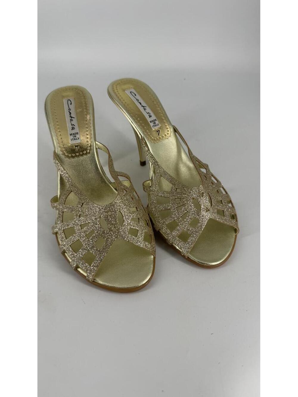 Contessa Gold Glitter Open Toe High Heel Sandals Made In Italy Size 7 New